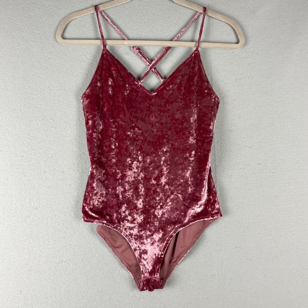Revolve Privacy Please Madre Bodysuit Womens Small Pink Crushed Velvet Stretch